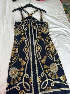 Cache Navy Dress with Gold Baroque Print